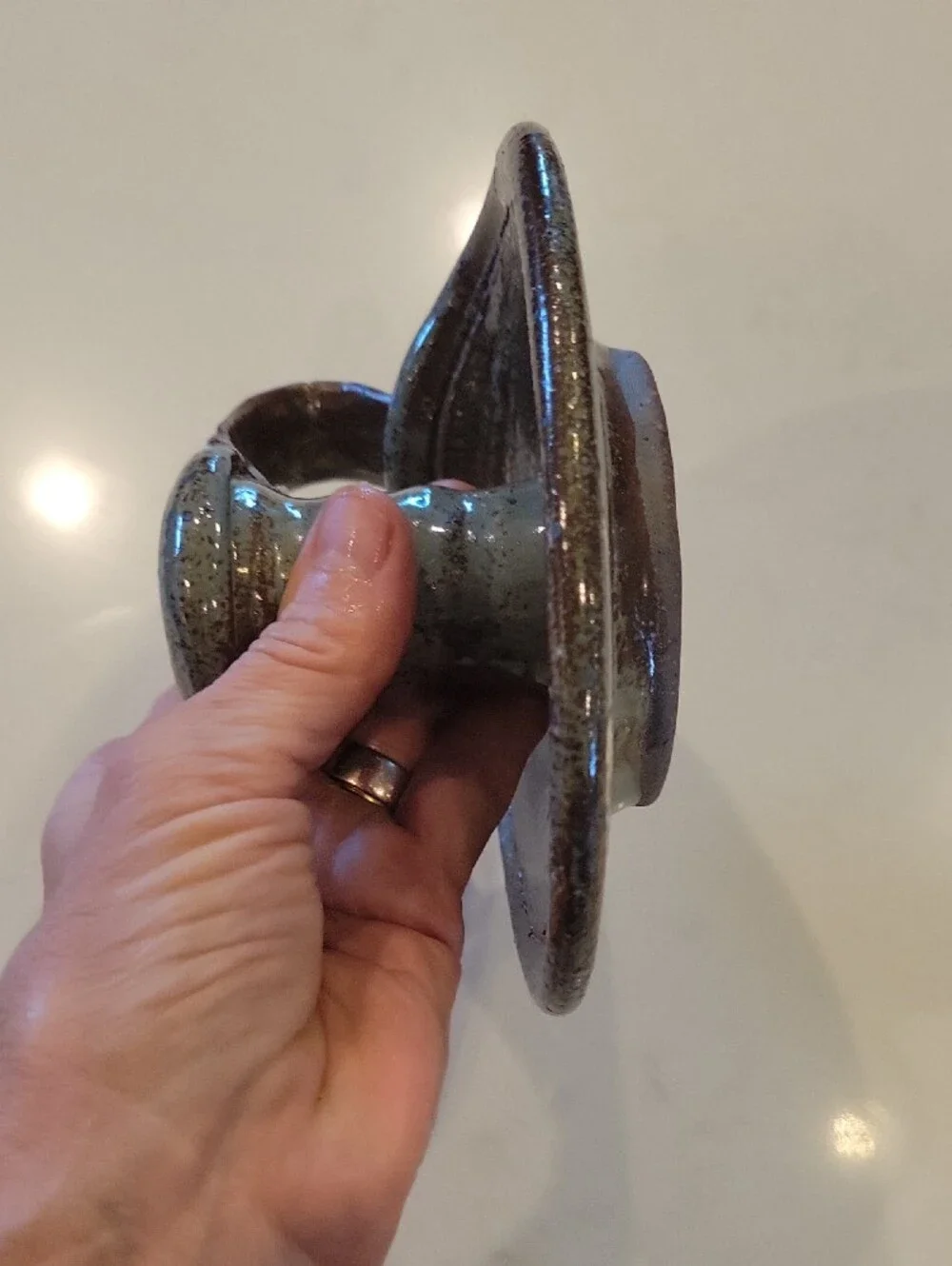 Vintage Hamdmade Speckled Sage Green Ceramic Chamberstick Candle Holder
